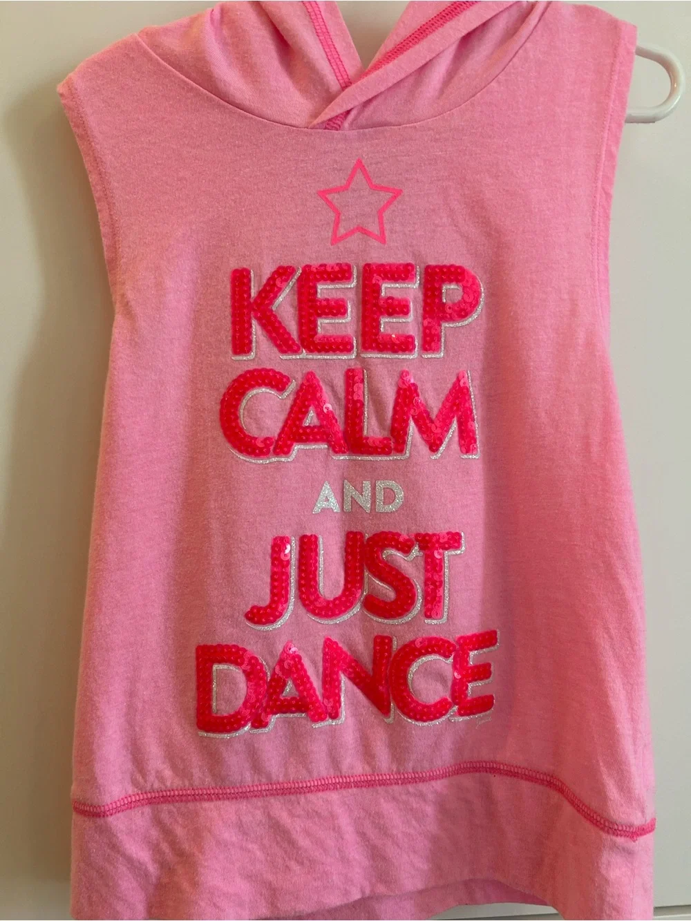 Pink Sleeveless Hooded Tank with Metallic Logo “Keep Calm and Just Dance” Size 7